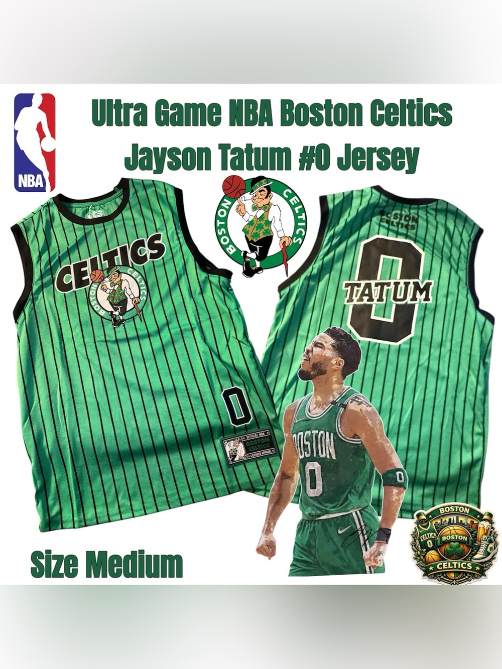 Ultra Game NBA Boston Celtics Jason Tatum #0 Jersey, Size Medium (Black & Green)